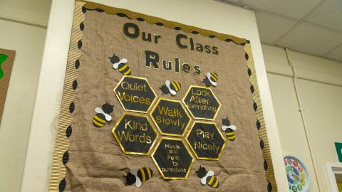Colourful wall display about class rules